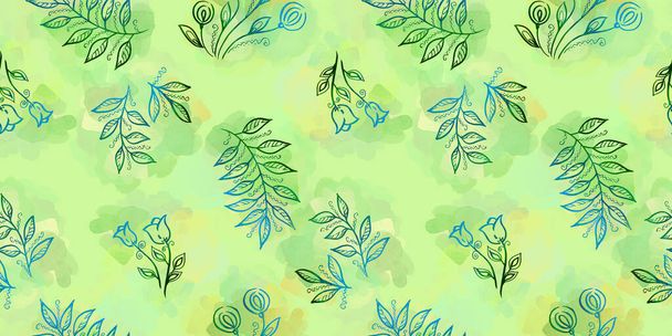 Spring Seamless Pattern. Floral elements in doodle style. Green background. Tropical green leaves. Tulip and dandelion Flowers - Valokuva, kuva