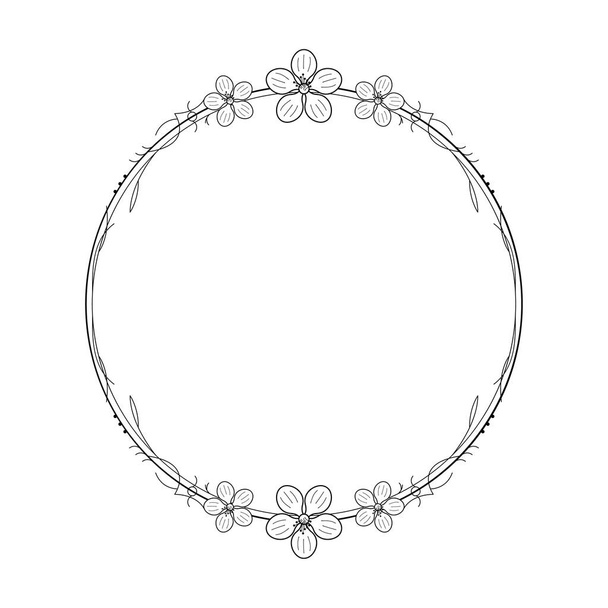 Abstract Black Simple Line Round Circle With Leaf Leaves Frame Flowers Doodle Outline Element Vector Design Style Sketch Isolated Illustration For Wedding And Banner - Vettoriali, immagini