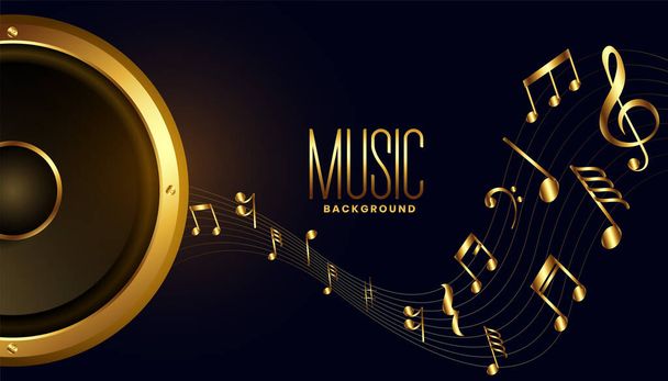 golden music speaker with sound notes wave background - Vector, afbeelding