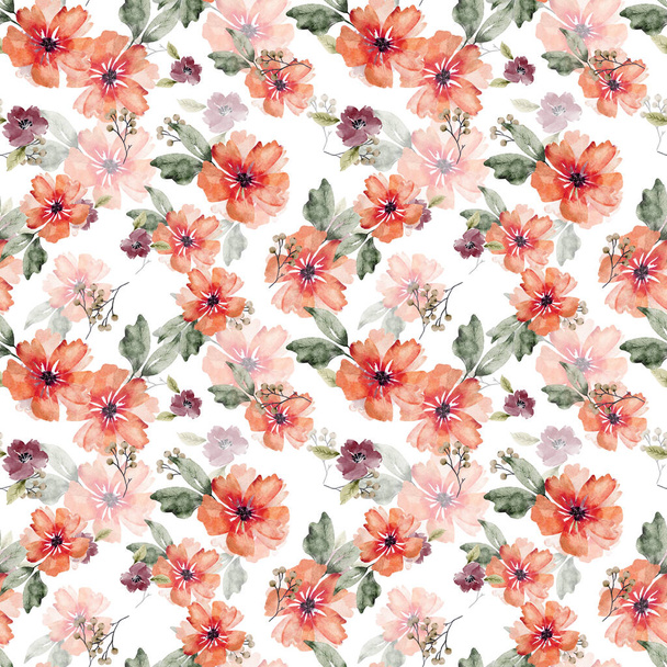 Seamless floral pattern with delicate red flowers and leaves on white background, hand painted with watercolors. - Photo, Image