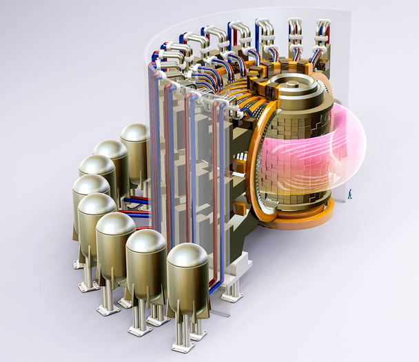 Reaktor syntezy jądrowej, energia wytwarzana dzięki fuzji atomów, proces, który zasila Słońce. ITER pierwszy eksperymentalny reaktor, który obejmuje wytwarzanie plazmy. Sekcja 3D. 3d renderowanie - Zdjęcie, obraz