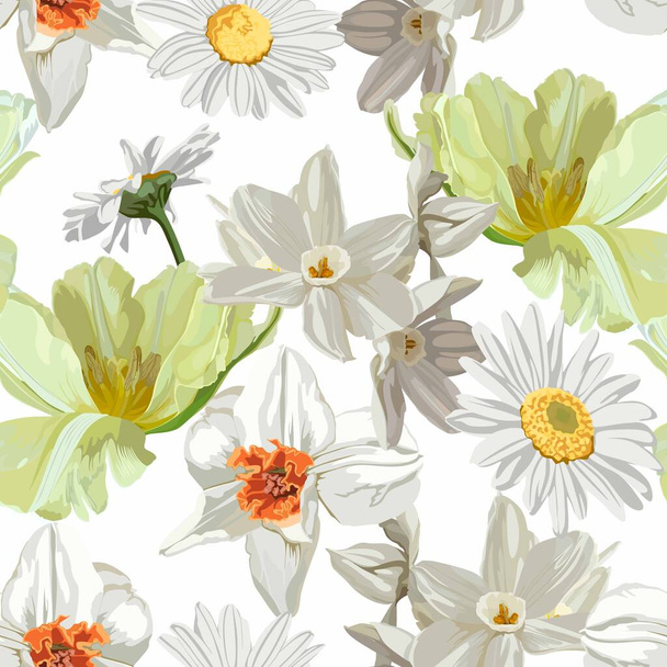 Patrón de primavera sin costura floral con narcisos, flores de manzanilla y hojas. Flores en flor sobre fondo blanco. - Vector, Imagen