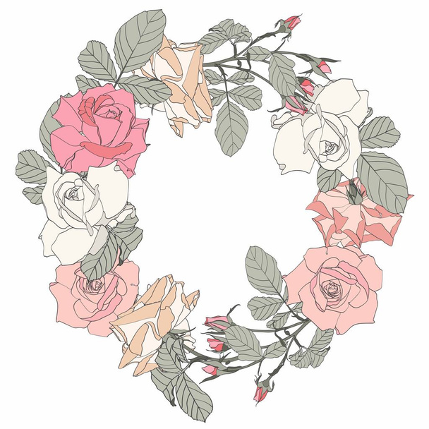 Wreath frame, border - hand painted line style roses flowers composition with leaves.  - Vektör, Görsel