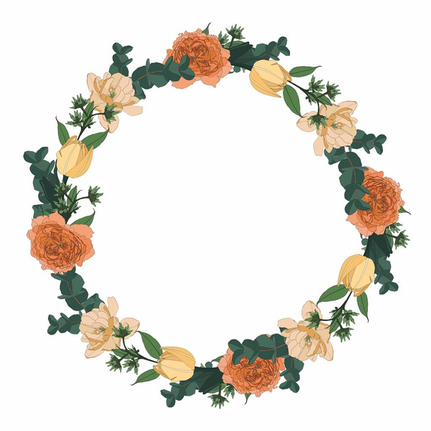 Kranz Rahmen, Rand - handbemalte Linie Stil Frühlingsblumen Komposition mit Rosen, Tulpen, Beeren und Kräutern.  - Vektor, Bild