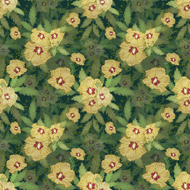 Yellow Tropical Hibiscus Flowers Seamless Pattern with dark background - Photo, Image