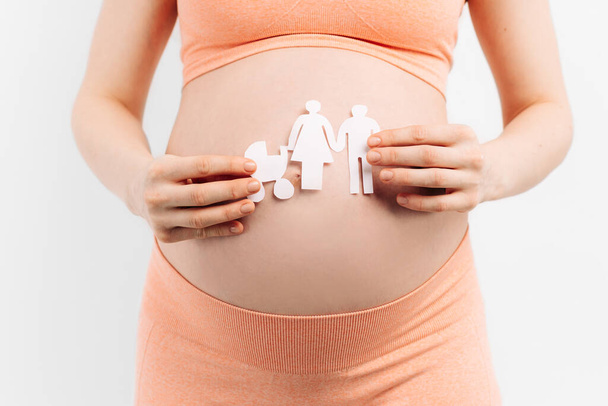 Pregnant woman with big belly, hands holding paper family cutout isolated on white background. family home, foster family, social distancing, happy family concept - Foto, Bild