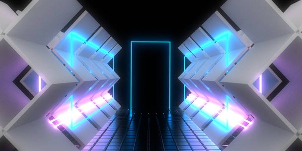 3D abstrakter Hintergrund mit Neonlicht. Neon Tunnel .space Bau. .3d Abbildung - Foto, Bild