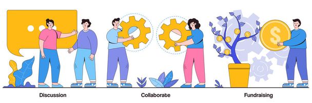 Discussie, samenwerking, fondsenwerving concept met mensen karakter. Teamwork en coworking web banners abstracte vector illustratie set. Online zakelijke conferentie, geld investering metafoor. - Vector, afbeelding