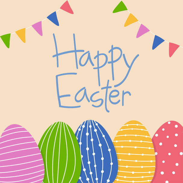 Template of square Easter greeting card. Colorful decorated Easter eggs and flags  - Vector, Image