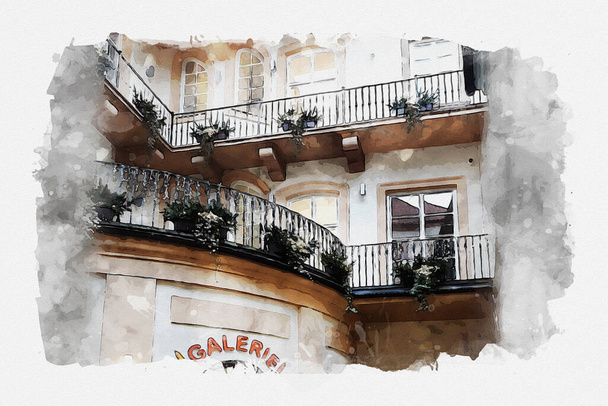 Digital watercolor sketch of a house facade with balconies and a terrace. - Photo, Image
