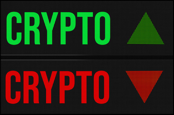 crypto crypto νόμισμα επί του σκάφους LED με βέλη που δείχνουν πάνω και κάτω δείχνει την κίνηση στην αγορά stock, επενδύσεις, εξοικονόμηση που επηρεάζουν την προσωπική χρηματοδότηση - Φωτογραφία, εικόνα