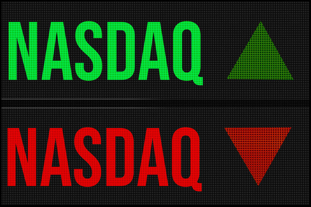NASDAQ on LED board with arrows pointing up and down showing movement in stocck market, investment, saving affecting personal finance - Photo, Image