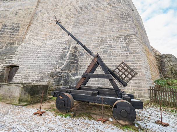 Historical catapult from the Hussite wars. Hrad Kost, Czechia. Wooden construction of war weapon. - Photo, Image