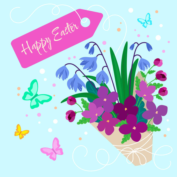 Easter greeting card with wild flowers bouquet and butterflies isolated on pale blue background - Διάνυσμα, εικόνα