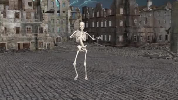 Kıyametten sonra şehrin sokaklarında dans eden iskeletler. Apocalypse City İskelet Dans 3D animasyon. Süper gerçekçi. Döngülü. - Video, Çekim