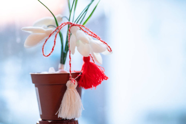 Holiday 1 March. White snowdrops Galanthus nivalis in a pot on a blue background with martisor mascot. Symbol of spring and Baba Marta in Moldova - Photo, Image