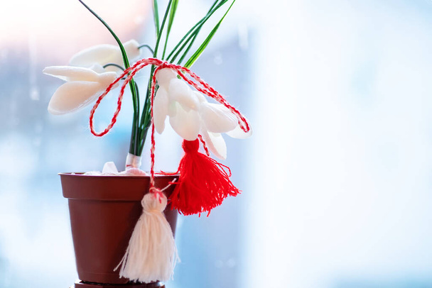 Holiday 1 March. White snowdrops Galanthus nivalis in a pot on a blue background with martisor mascot. Symbol of spring and Baba Marta in Moldova - Foto, immagini