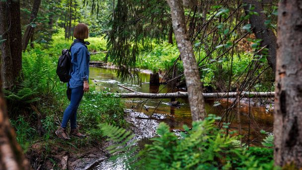 A woman explores new, magical and fantastic places around the world, surrounded by nature. A woman hiker crosses a forest stream. photo - Фото, изображение