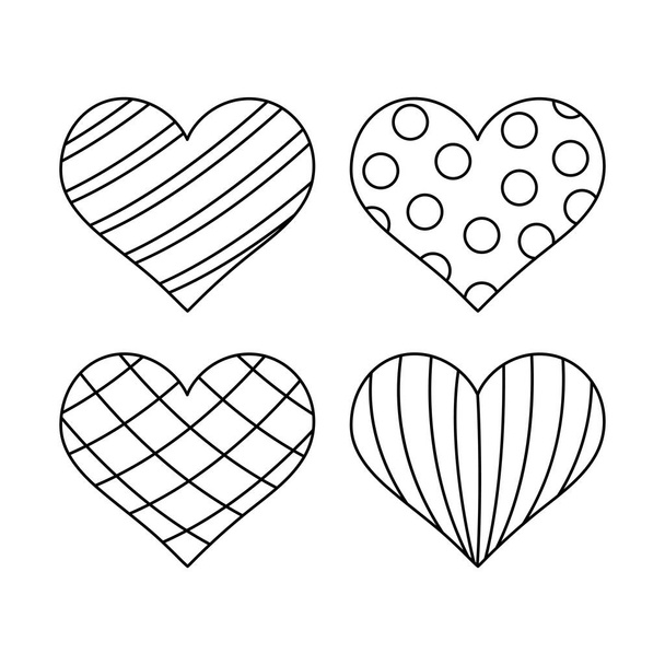 Heart shape elements with stripes and spots for coloring. Vector love symbols set - Vector, Image