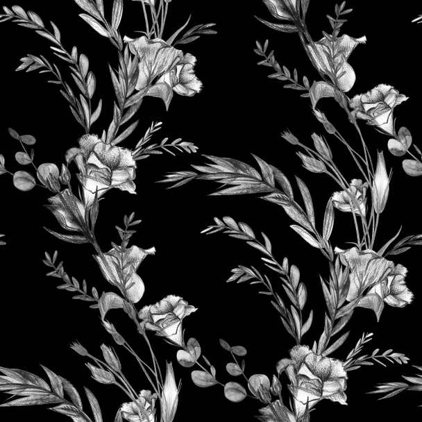 Vintage mustavalkoinen kasvitieteellinen kuvio eustoma kukkia - Valokuva, kuva