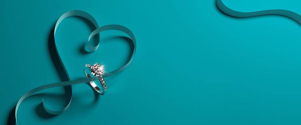 Elmaslı beyaz altın bir nişan yüzüğü ve turkuaz (Tiffany mavisi) arka planda kalp şeklinde bir kurdele. Romantik düğün mücevherleri geçmişi. - Fotoğraf, Görsel