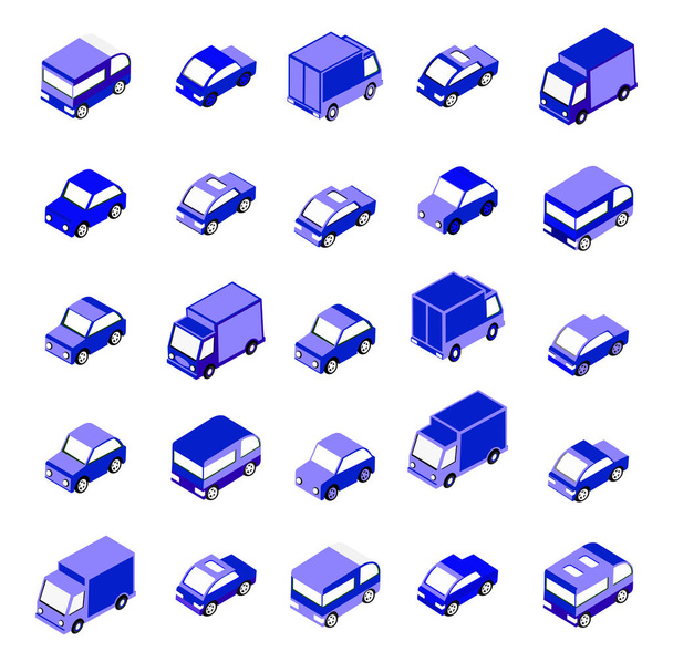 Isometric set vehicles from autobiles, trucks, vans - Vector, Image