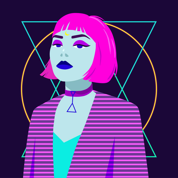Fiktives Mädchen-Vektorporträt. Stilisierte Frauenillustration - Neonfarben, Cyberpunk und spirituelle Motive - Vektor, Bild