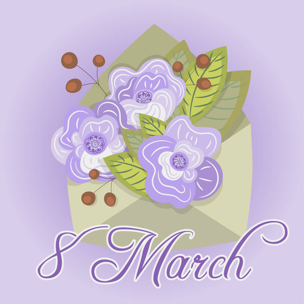 Postcard for March 8. Bouquet of violets with berries in an envelope. Template for March 8, birthday, wedding, valentines day. Vector. - Vetor, Imagem