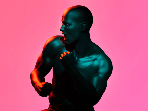 A muscular man in a fighting pose. 3D illustration. - Valokuva, kuva