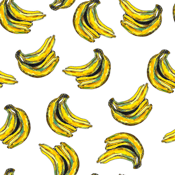 Płynny wzór z bananami. Pakiety bananów w chaotyczny sposób. Moda akwarela wydruku. - Wektor, obraz