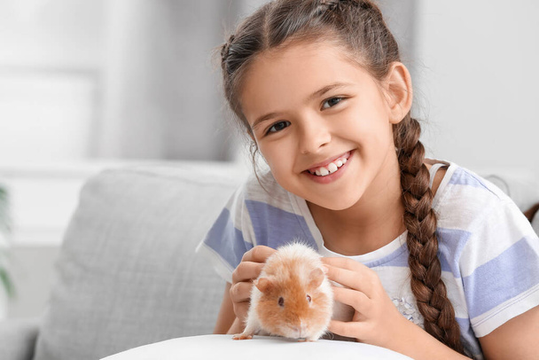 Little girl with cute guinea pig at home - Fotoğraf, Görsel