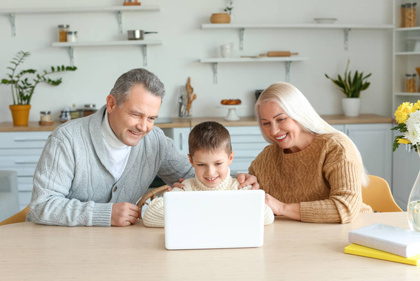 Little boy with his grandparents in warm sweaters using laptop at home - Valokuva, kuva