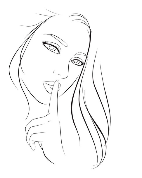 Seksowna dziewczyna wykonująca cichy gest. ilustracja wektor izolowane kreskówki ręcznie rysowane. Sztuka linii - Wektor, obraz