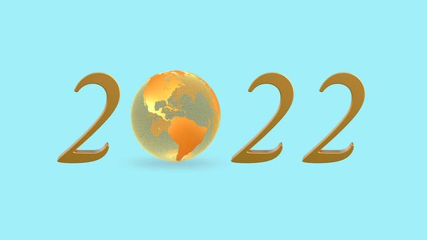 3D vykreslené ilustrace zlatého drátu rámu koule s číslem 2022 na světle modrém pozadí.  - Fotografie, Obrázek