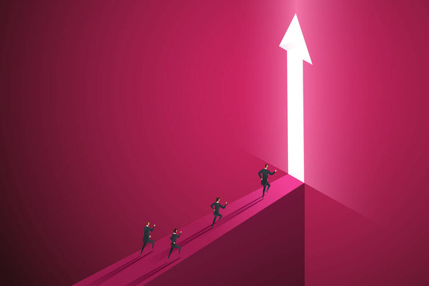 Group businesspeople run go to front of bright big shining arrow in the wall darke pink of the hole at light falls. isometric vector illustration. - Vector, Image