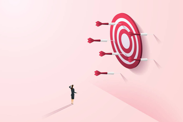 Businesswoman missing the target and not success. Woman watching The dart that missed the target on the pink wall. isometric vector illustration. - Vector, Image