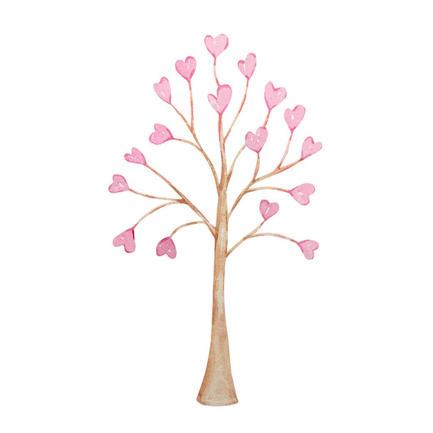 Hand drawn watercolor tree with pink hearts - Photo, Image