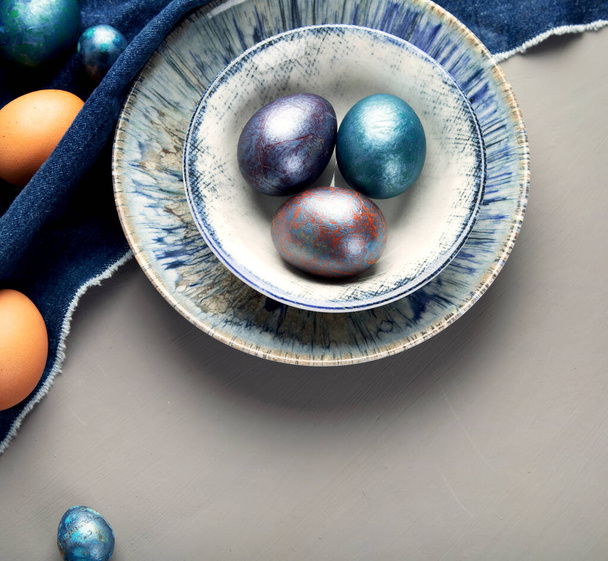 Easter background with Easter eggs. Top view with copy space. - Foto, Imagen