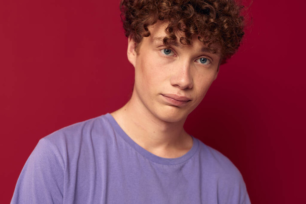 Redhead guy with curly hair posing gesture with hands - Photo, Image