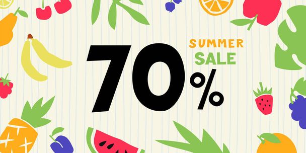 Summer sale. 70 percent. Colorful cutouts fruits and berries. Shape colored cardboard or paper. - Vektor, kép