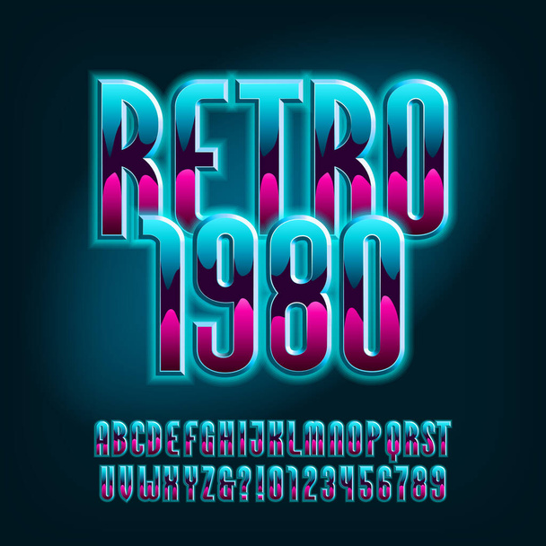 Retro 1980 alphabet font. Glowing letters and numbers. Stock vector typeface for your typography in retro 80s style. - Vector, afbeelding