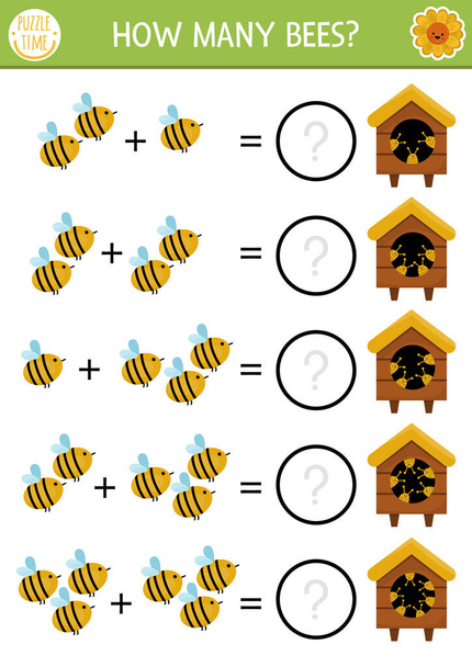 かわいい虫と一緒に何匹の蜂ゲーム。未就学児のための農場数学の追加活動について。ビーヒフを持つ子供のためのシンプルな農場印刷可能なカウントワークシート - ベクター画像