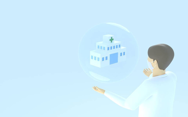 3DCG Image d'un médecin en blouse blanche, d'un hôpital sûr et d'une recommandation pour une visite à l'hôpital - Photo, image