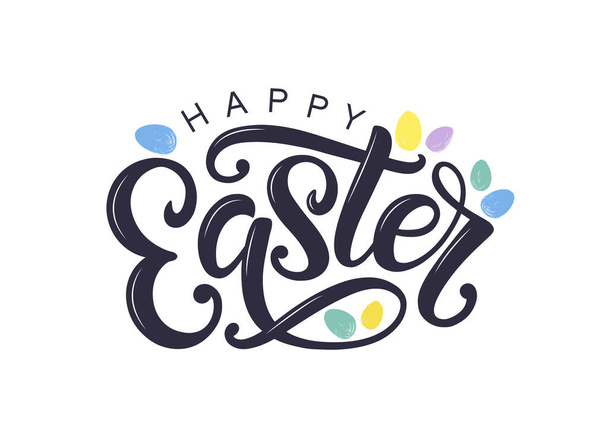 Happy Easter modern brush calligraphy isolated on white. Easter logo decorated by brush drawn easter eggs. Egg hunt concept as card, postcard, poster, banner, sale or promo sign. - Vector, Image