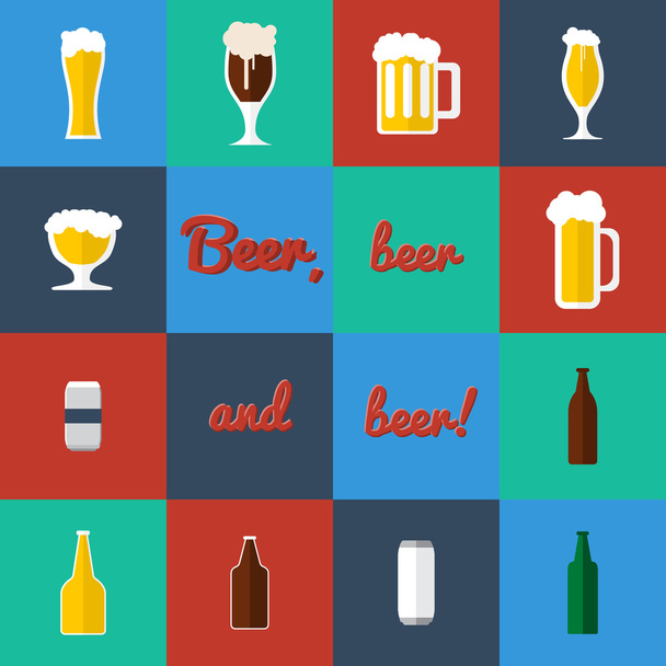 ビールのグラスとボトルのアイコンのフラット セット - ベクター画像