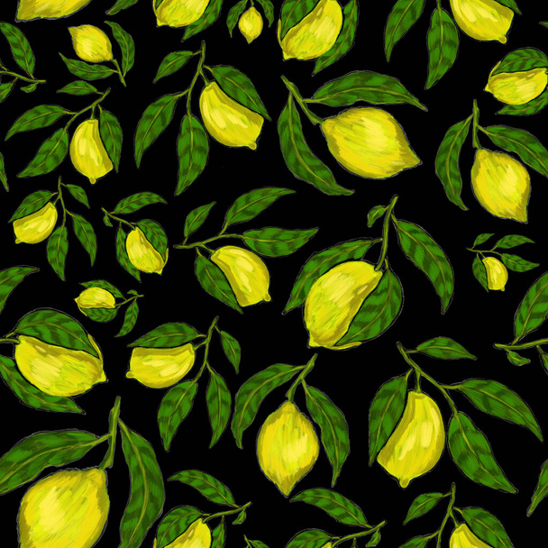 Creative seamless pattern with lemons. Oil paint effect. Bright summer print. Great design for any purposes - Zdjęcie, obraz