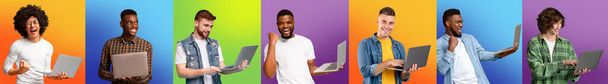 Great Website. Portraits Of Excited Multiethnic Males With Laptops Over Colorful Backgrounds - Zdjęcie, obraz