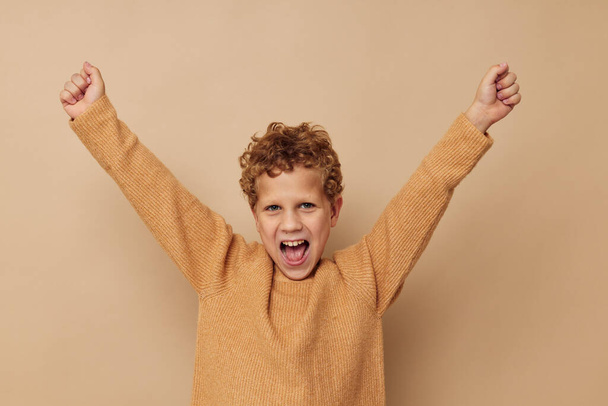 Photo of young boy in a beige sweater posing fun Lifestyle unaltered - Fotoğraf, Görsel