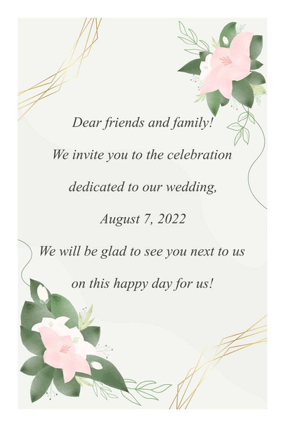 Hochzeitseinladung, Grußkarte für die Feier. Die Vorlage der Karte mit dem korrigierten Text. Blumen in zarten Aquarelltönen und Grün. - Vektor, Bild
