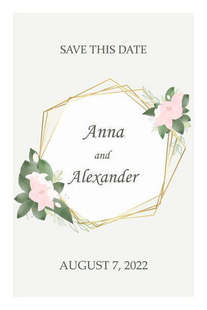 Wedding festive invitation, greeting card for the celebration. Map template. Save the date. Flowers in delicate pastel colors and golden elements. - Vector, Image
